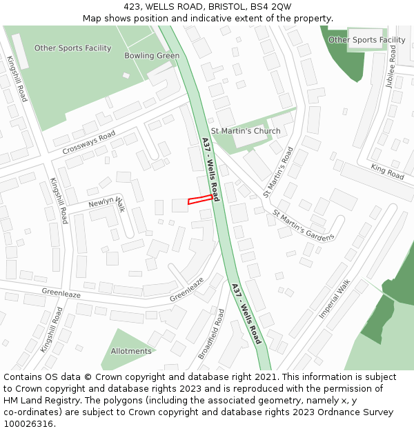 423, WELLS ROAD, BRISTOL, BS4 2QW: Location map and indicative extent of plot