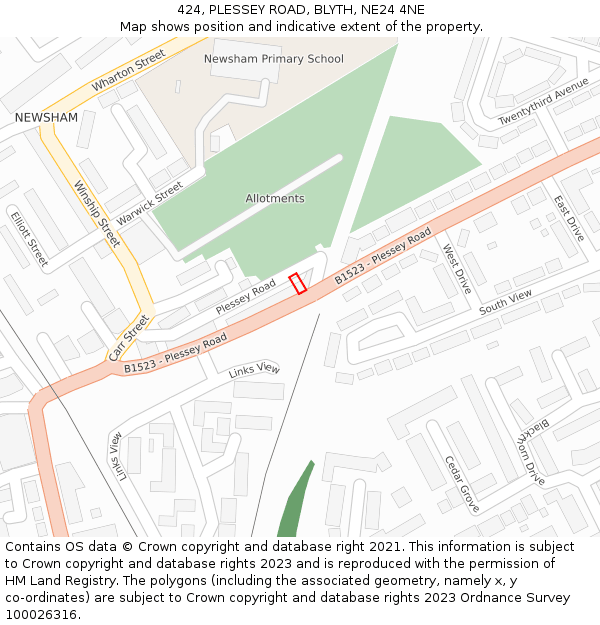 424, PLESSEY ROAD, BLYTH, NE24 4NE: Location map and indicative extent of plot