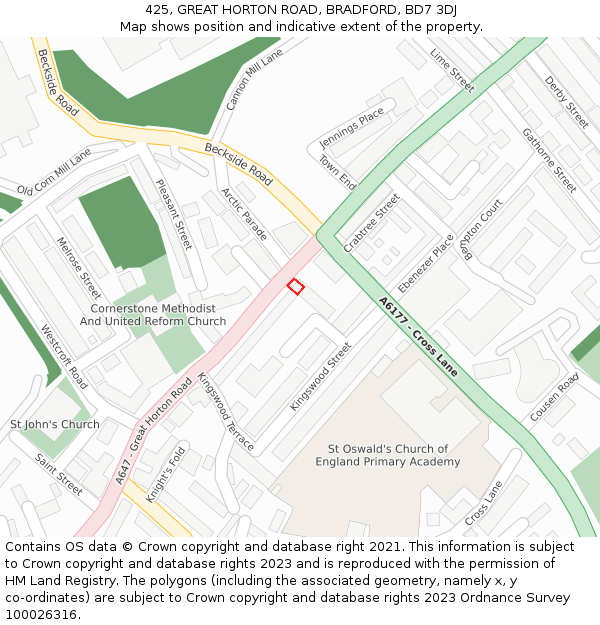 425, GREAT HORTON ROAD, BRADFORD, BD7 3DJ: Location map and indicative extent of plot