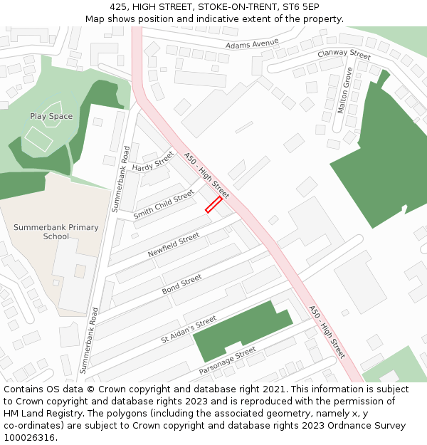 425, HIGH STREET, STOKE-ON-TRENT, ST6 5EP: Location map and indicative extent of plot