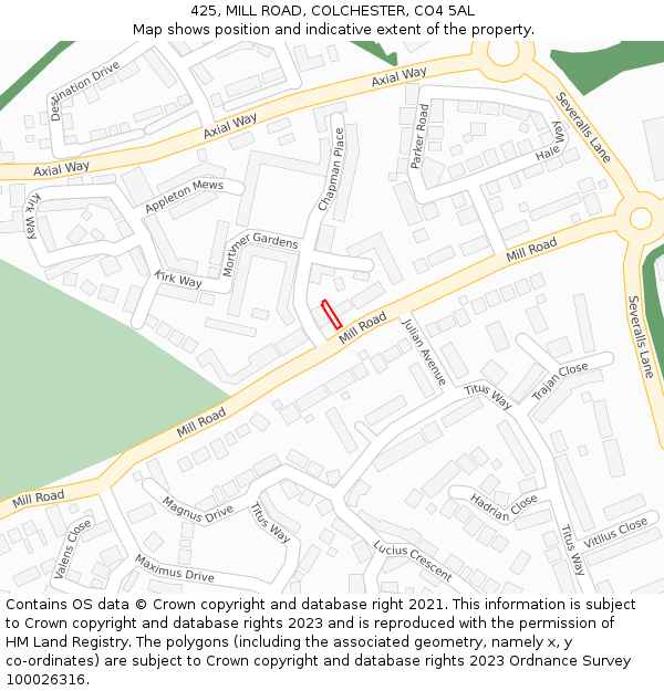 425, MILL ROAD, COLCHESTER, CO4 5AL: Location map and indicative extent of plot