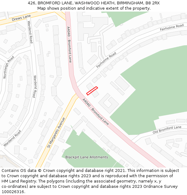 426, BROMFORD LANE, WASHWOOD HEATH, BIRMINGHAM, B8 2RX: Location map and indicative extent of plot