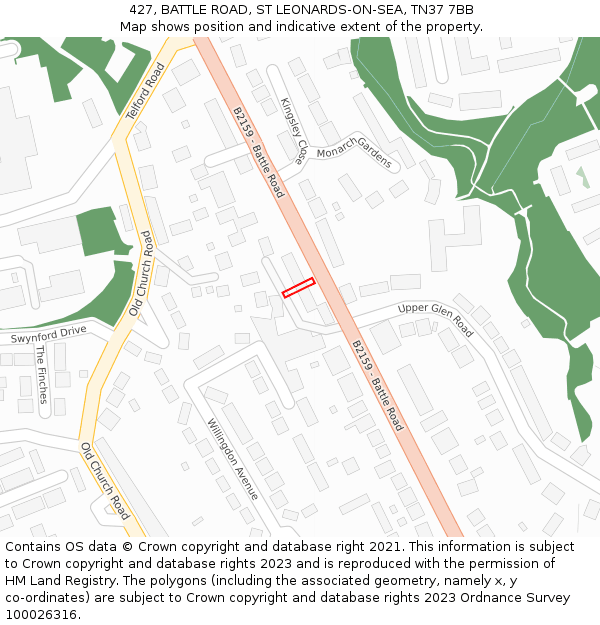 427, BATTLE ROAD, ST LEONARDS-ON-SEA, TN37 7BB: Location map and indicative extent of plot