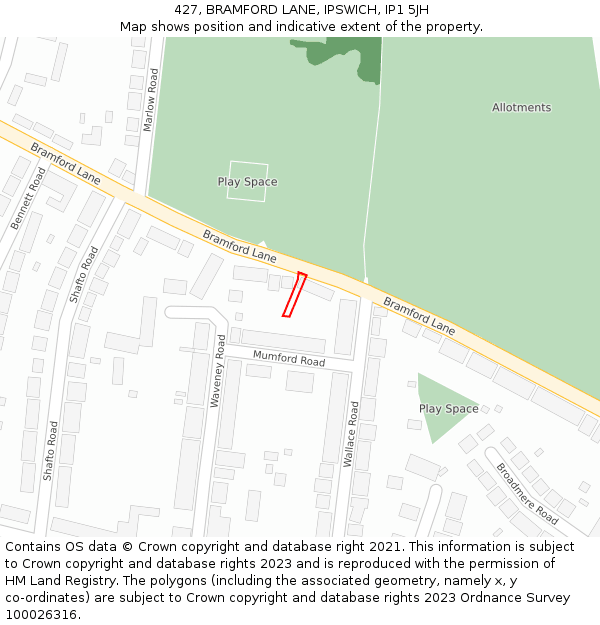 427, BRAMFORD LANE, IPSWICH, IP1 5JH: Location map and indicative extent of plot