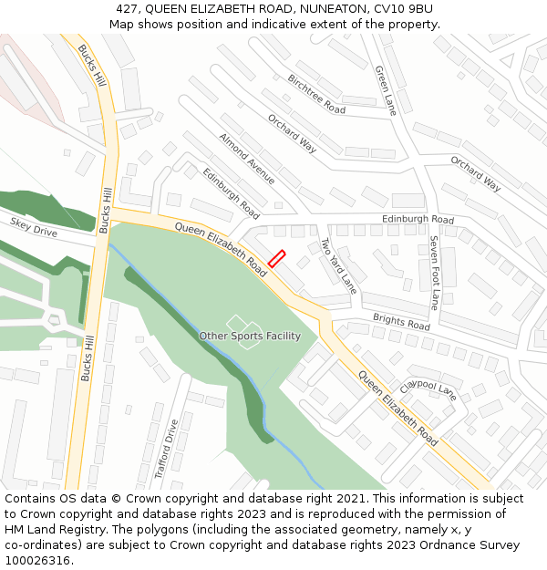 427, QUEEN ELIZABETH ROAD, NUNEATON, CV10 9BU: Location map and indicative extent of plot