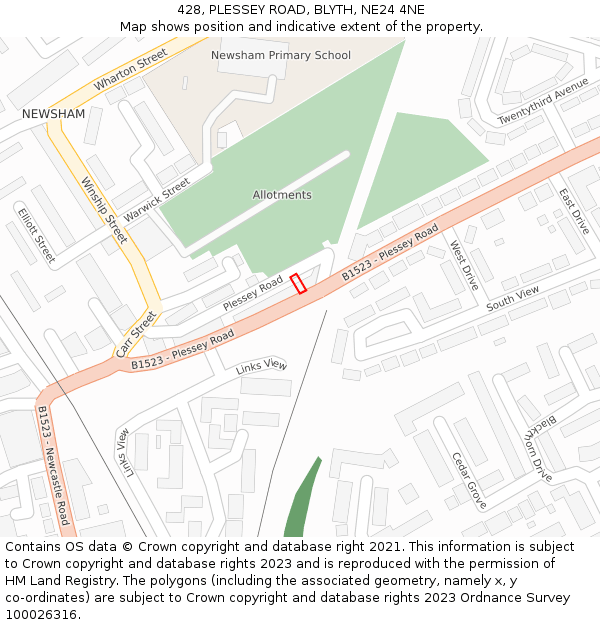 428, PLESSEY ROAD, BLYTH, NE24 4NE: Location map and indicative extent of plot