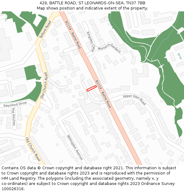 429, BATTLE ROAD, ST LEONARDS-ON-SEA, TN37 7BB: Location map and indicative extent of plot