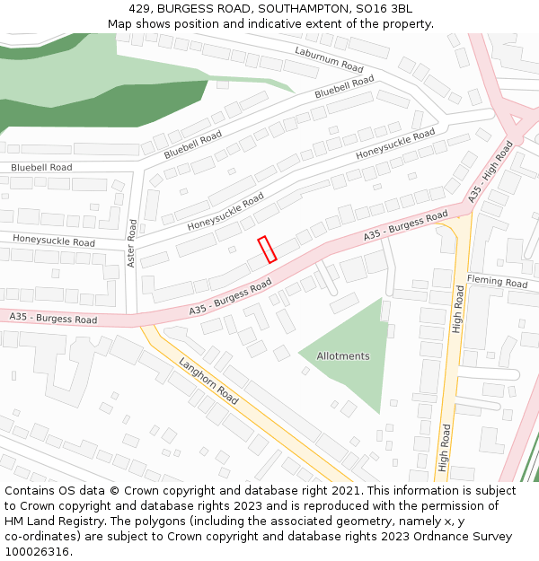 429, BURGESS ROAD, SOUTHAMPTON, SO16 3BL: Location map and indicative extent of plot