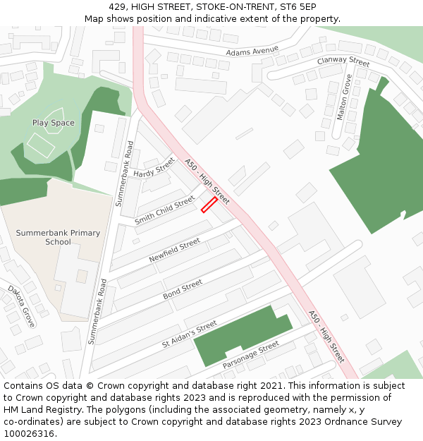 429, HIGH STREET, STOKE-ON-TRENT, ST6 5EP: Location map and indicative extent of plot