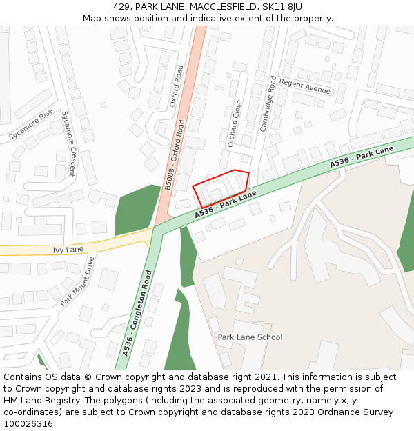 429, PARK LANE, MACCLESFIELD, SK11 8JU: Location map and indicative extent of plot