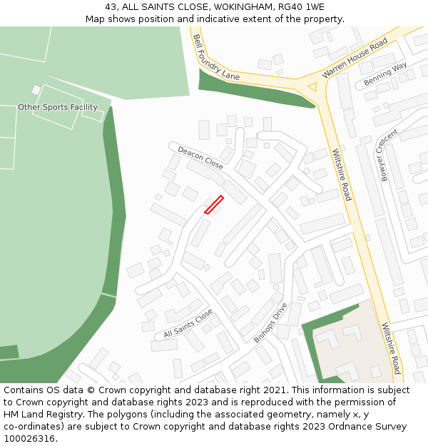43, ALL SAINTS CLOSE, WOKINGHAM, RG40 1WE: Location map and indicative extent of plot
