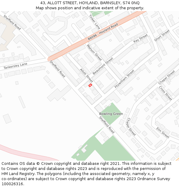43, ALLOTT STREET, HOYLAND, BARNSLEY, S74 0NQ: Location map and indicative extent of plot