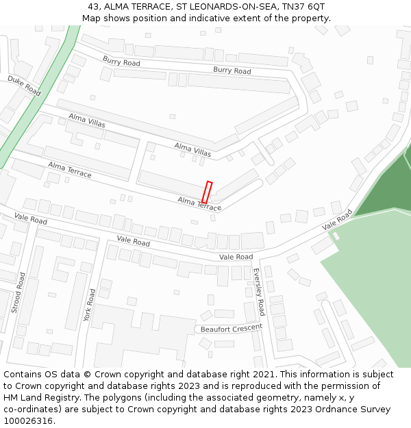 43, ALMA TERRACE, ST LEONARDS-ON-SEA, TN37 6QT: Location map and indicative extent of plot