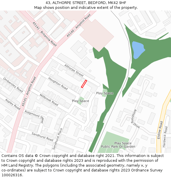 43, ALTHORPE STREET, BEDFORD, MK42 9HF: Location map and indicative extent of plot