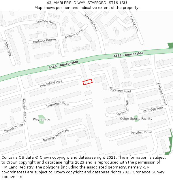 43, AMBLEFIELD WAY, STAFFORD, ST16 1SU: Location map and indicative extent of plot