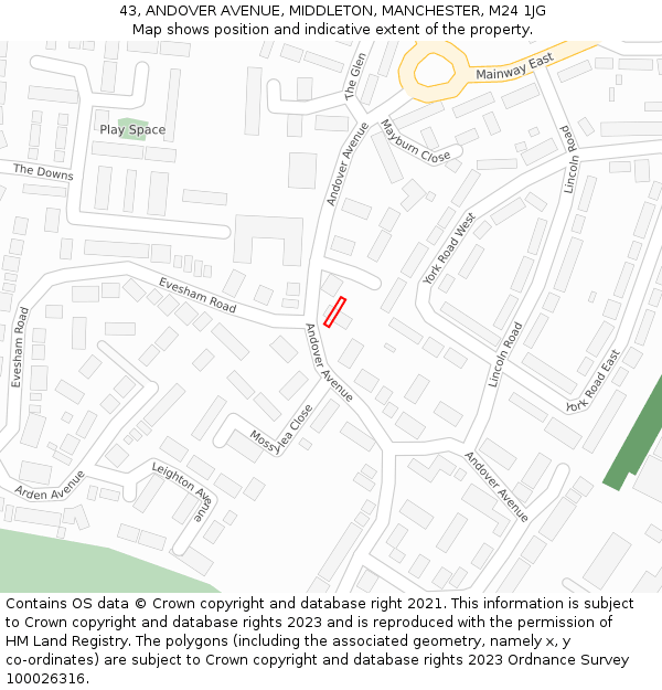 43, ANDOVER AVENUE, MIDDLETON, MANCHESTER, M24 1JG: Location map and indicative extent of plot
