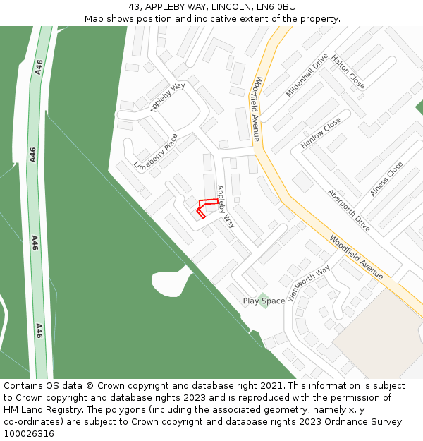 43, APPLEBY WAY, LINCOLN, LN6 0BU: Location map and indicative extent of plot