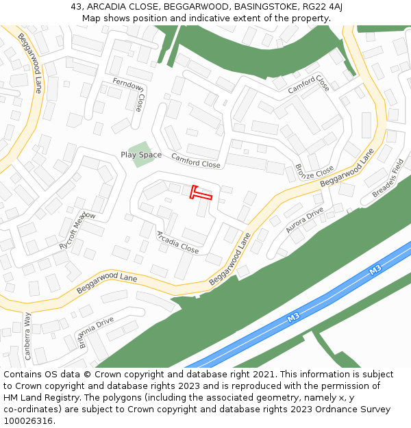 43, ARCADIA CLOSE, BEGGARWOOD, BASINGSTOKE, RG22 4AJ: Location map and indicative extent of plot