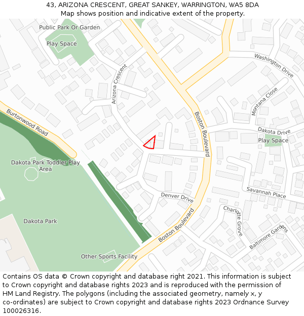 43, ARIZONA CRESCENT, GREAT SANKEY, WARRINGTON, WA5 8DA: Location map and indicative extent of plot