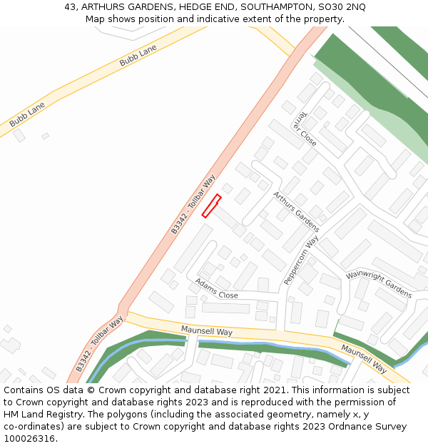 43, ARTHURS GARDENS, HEDGE END, SOUTHAMPTON, SO30 2NQ: Location map and indicative extent of plot