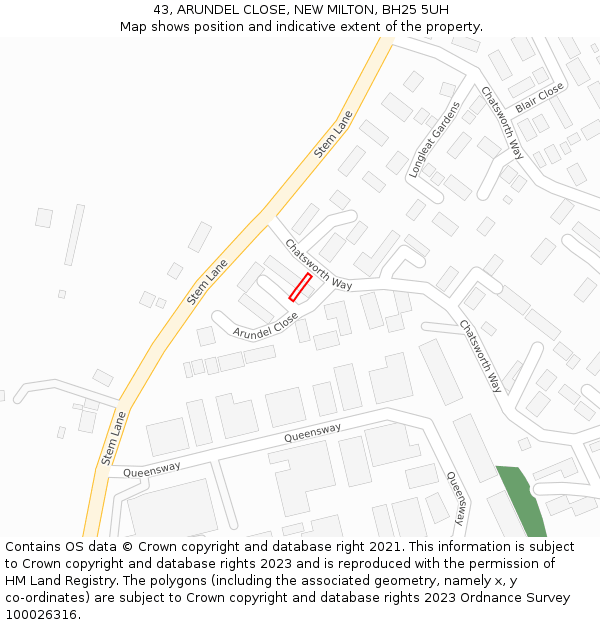 43, ARUNDEL CLOSE, NEW MILTON, BH25 5UH: Location map and indicative extent of plot