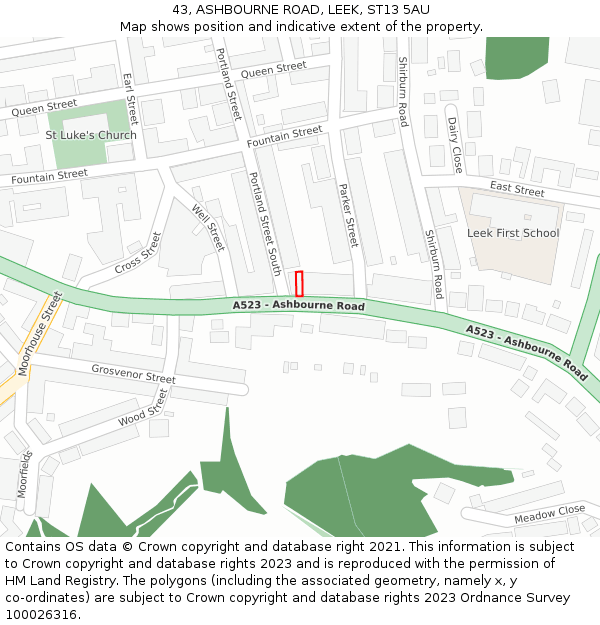 43, ASHBOURNE ROAD, LEEK, ST13 5AU: Location map and indicative extent of plot