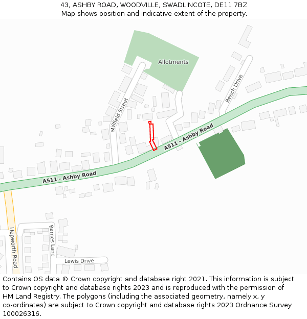 43, ASHBY ROAD, WOODVILLE, SWADLINCOTE, DE11 7BZ: Location map and indicative extent of plot