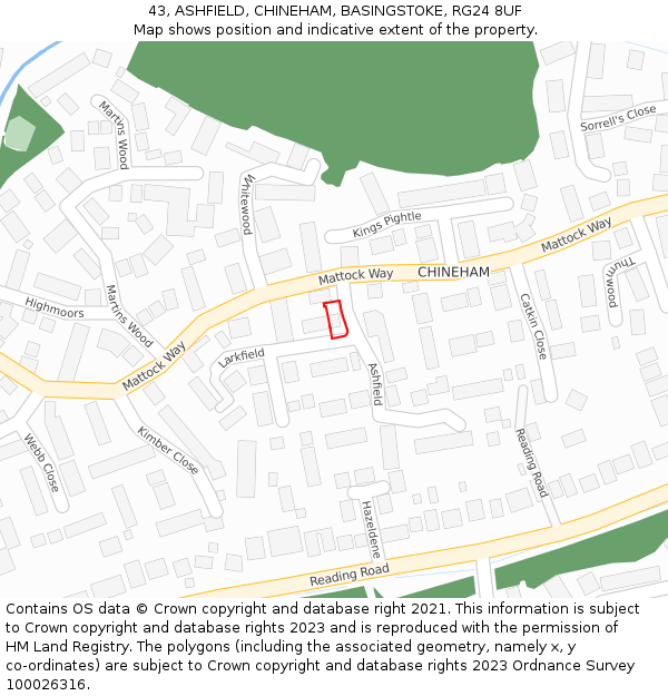 43, ASHFIELD, CHINEHAM, BASINGSTOKE, RG24 8UF: Location map and indicative extent of plot