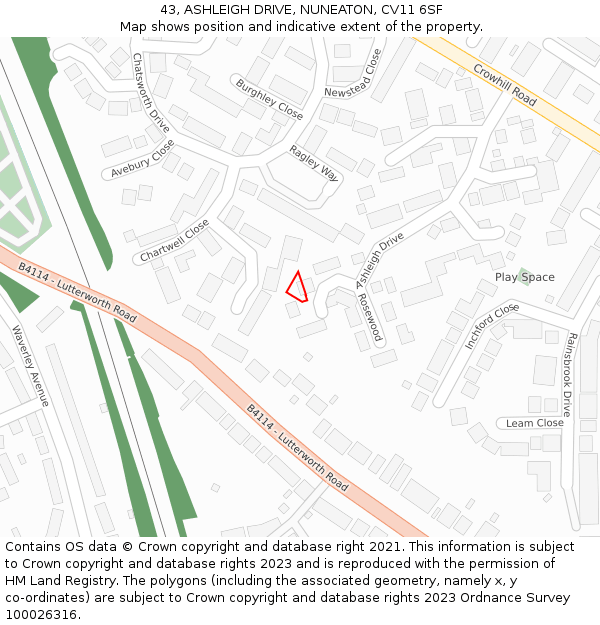 43, ASHLEIGH DRIVE, NUNEATON, CV11 6SF: Location map and indicative extent of plot