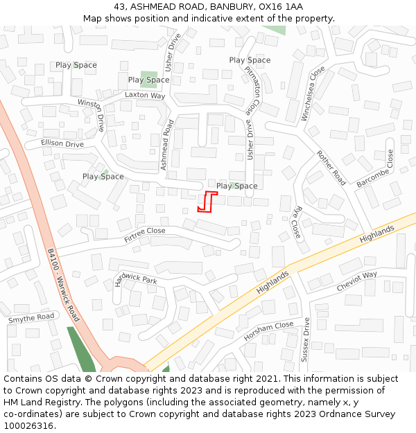 43, ASHMEAD ROAD, BANBURY, OX16 1AA: Location map and indicative extent of plot