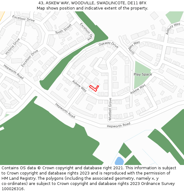 43, ASKEW WAY, WOODVILLE, SWADLINCOTE, DE11 8FX: Location map and indicative extent of plot