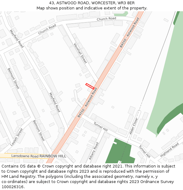 43, ASTWOOD ROAD, WORCESTER, WR3 8ER: Location map and indicative extent of plot