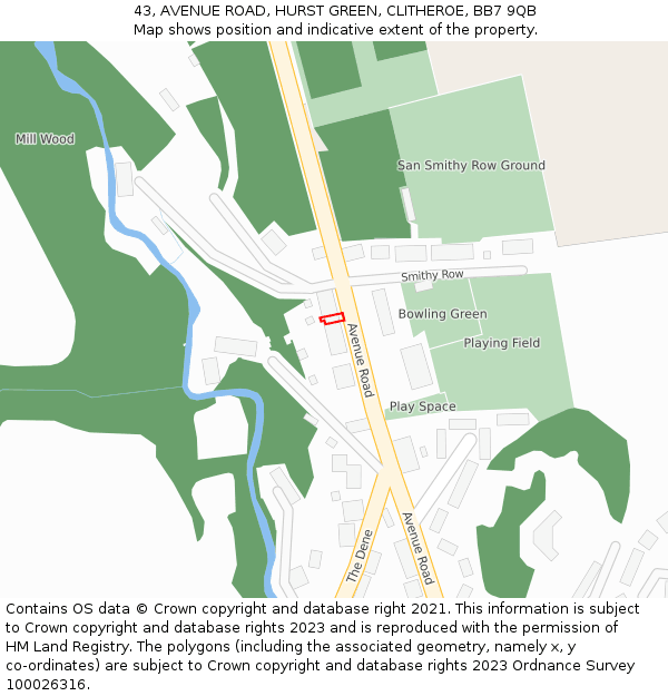 43, AVENUE ROAD, HURST GREEN, CLITHEROE, BB7 9QB: Location map and indicative extent of plot