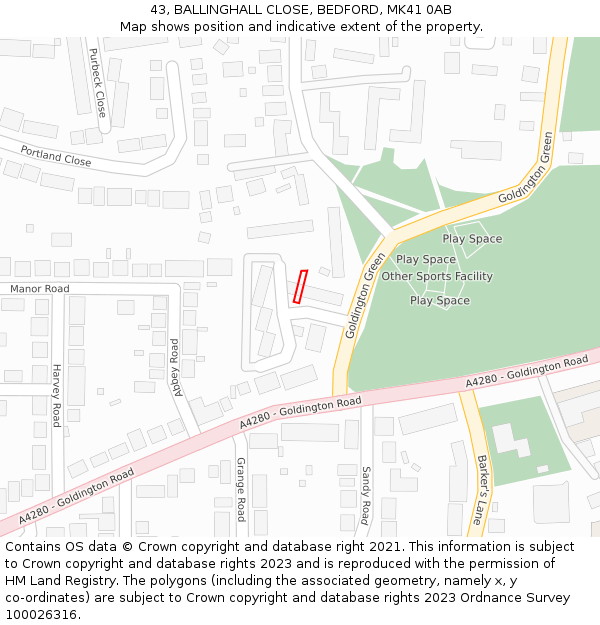43, BALLINGHALL CLOSE, BEDFORD, MK41 0AB: Location map and indicative extent of plot