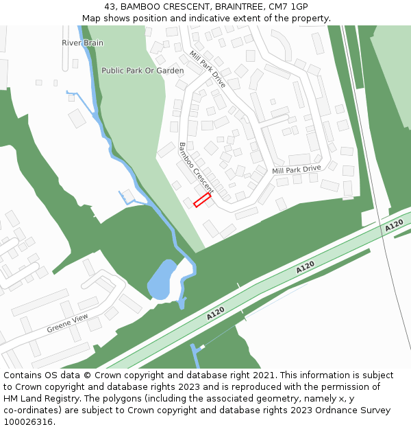 43, BAMBOO CRESCENT, BRAINTREE, CM7 1GP: Location map and indicative extent of plot