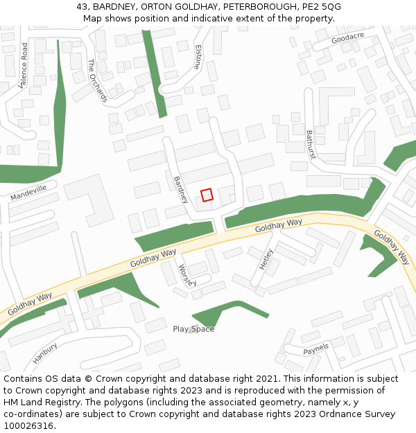 43, BARDNEY, ORTON GOLDHAY, PETERBOROUGH, PE2 5QG: Location map and indicative extent of plot