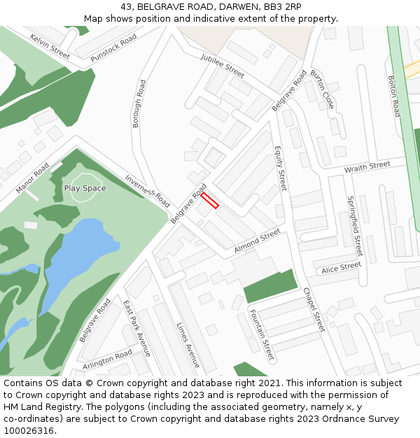 43, BELGRAVE ROAD, DARWEN, BB3 2RP: Location map and indicative extent of plot