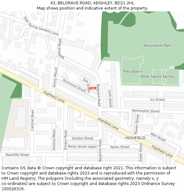 43, BELGRAVE ROAD, KEIGHLEY, BD21 2HL: Location map and indicative extent of plot