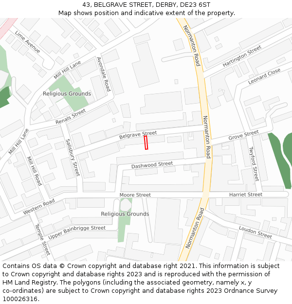 43, BELGRAVE STREET, DERBY, DE23 6ST: Location map and indicative extent of plot
