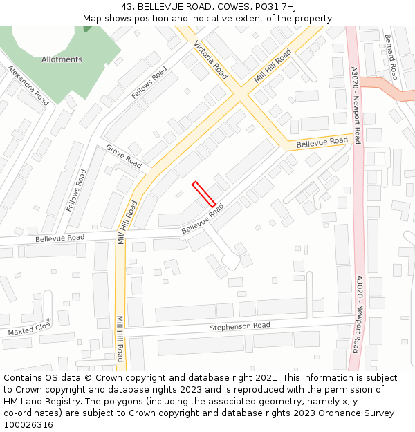 43, BELLEVUE ROAD, COWES, PO31 7HJ: Location map and indicative extent of plot