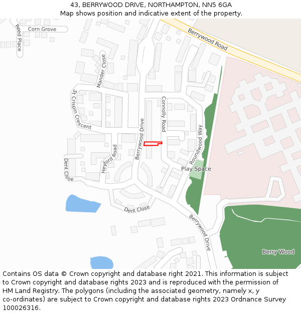 43, BERRYWOOD DRIVE, NORTHAMPTON, NN5 6GA: Location map and indicative extent of plot