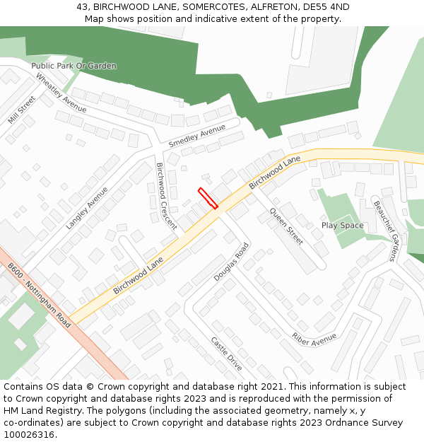 43, BIRCHWOOD LANE, SOMERCOTES, ALFRETON, DE55 4ND: Location map and indicative extent of plot