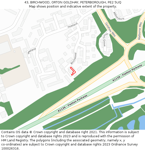 43, BIRCHWOOD, ORTON GOLDHAY, PETERBOROUGH, PE2 5UQ: Location map and indicative extent of plot