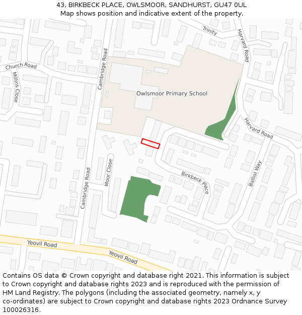 43, BIRKBECK PLACE, OWLSMOOR, SANDHURST, GU47 0UL: Location map and indicative extent of plot