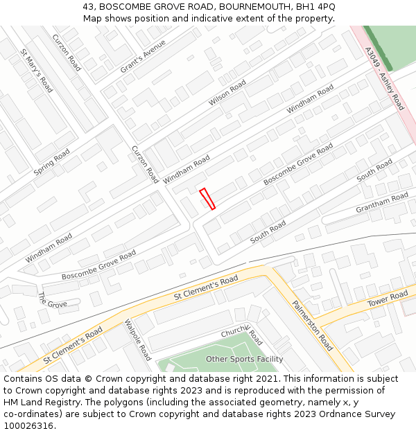 43, BOSCOMBE GROVE ROAD, BOURNEMOUTH, BH1 4PQ: Location map and indicative extent of plot