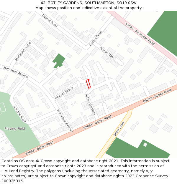 43, BOTLEY GARDENS, SOUTHAMPTON, SO19 0SW: Location map and indicative extent of plot