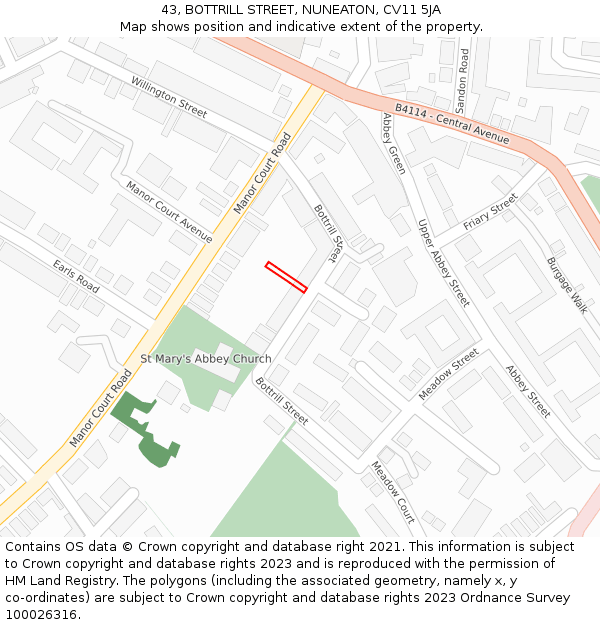 43, BOTTRILL STREET, NUNEATON, CV11 5JA: Location map and indicative extent of plot