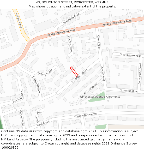 43, BOUGHTON STREET, WORCESTER, WR2 4HE: Location map and indicative extent of plot