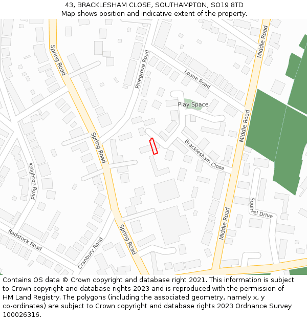 43, BRACKLESHAM CLOSE, SOUTHAMPTON, SO19 8TD: Location map and indicative extent of plot