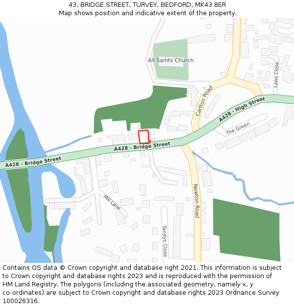 43, BRIDGE STREET, TURVEY, BEDFORD, MK43 8ER: Location map and indicative extent of plot